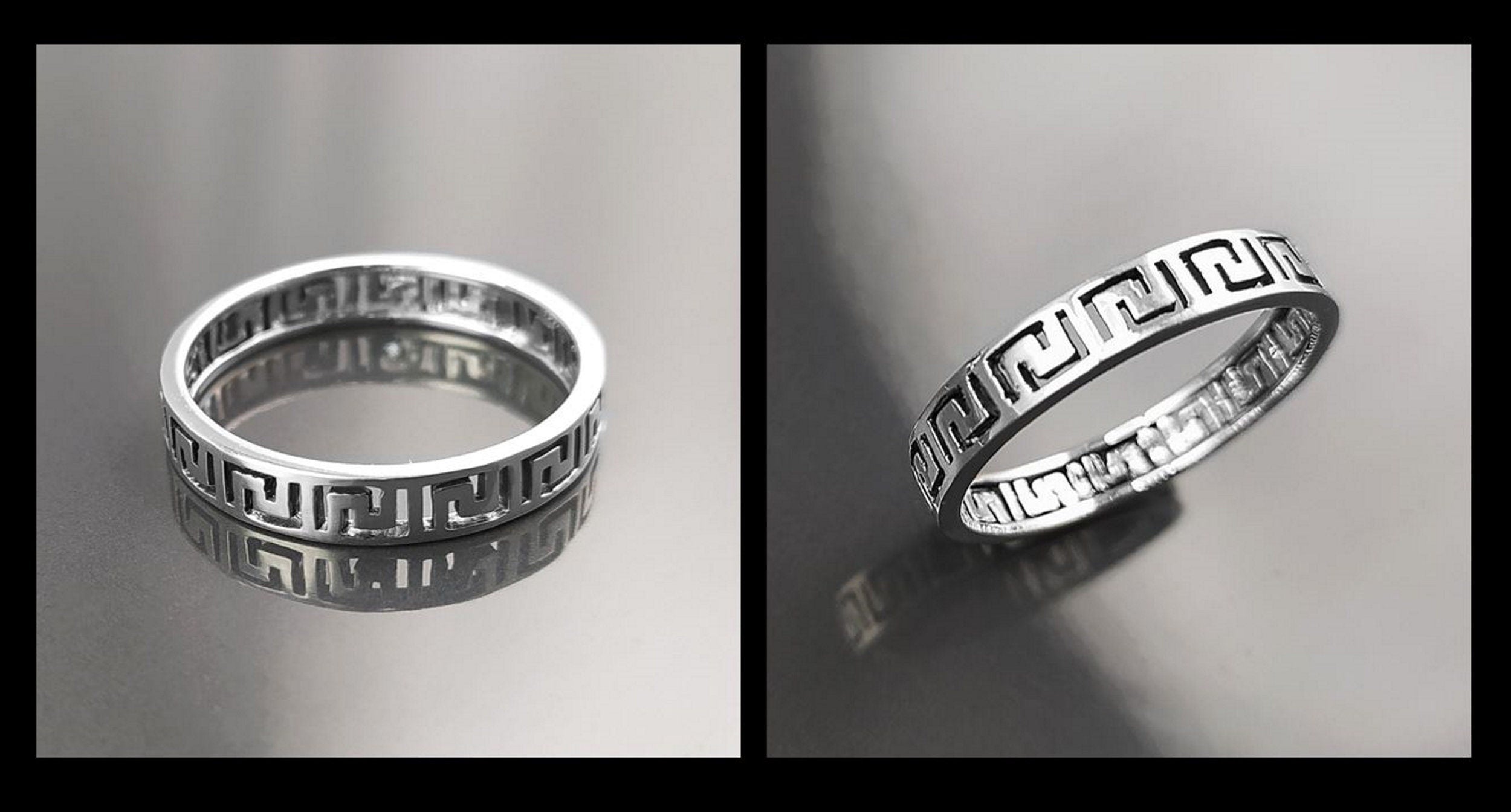Greek Key Frieze Ring, Sterling Silver, Antique Spiral Meander Band, Eternity Long Life Jewelry