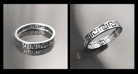 Greek Key Frieze Ring, Sterling Silver, Antique Spiral Meander Band, Eternity Long Life Jewelry