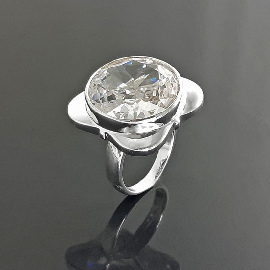 Statement Square Ring, Sterling Silver Ring, Unique Statement Silver Ring, Four-Leaf Clover Ring, set with a Majestic White, Cubic Zirconia.