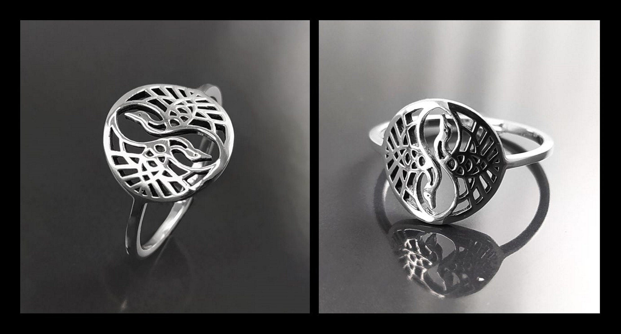 Crane Bird Ring, Sterling Silver, Spiritual Yin Yang Yoga Design, Oriental Zen Jewelry