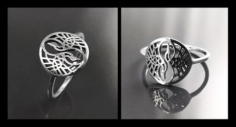 Crane Bird Ring, Sterling Silver, Spiritual Yin Yang Yoga Design, Oriental Zen Jewelry