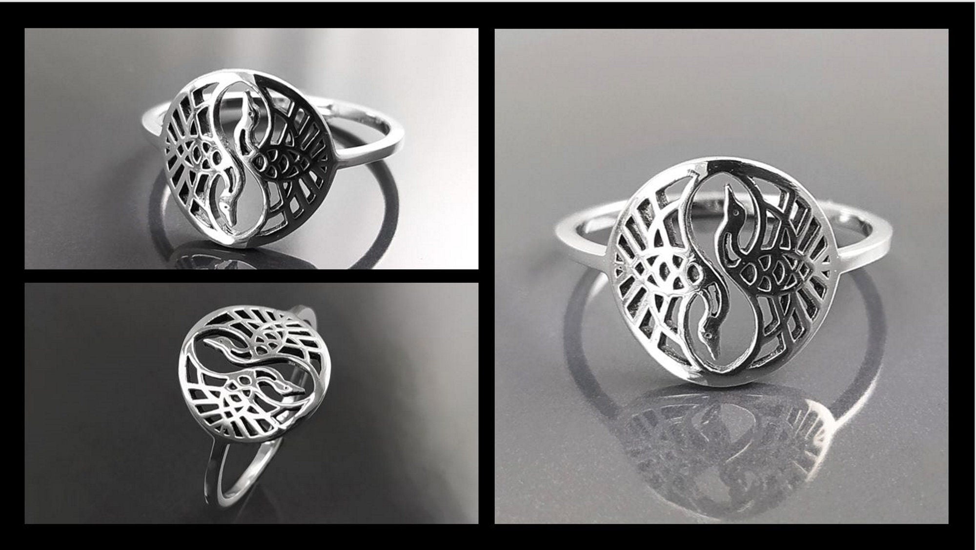 Crane Bird Ring, Sterling Silver, Spiritual Yin Yang Yoga Design, Oriental Zen Jewelry
