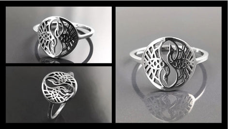 Crane Bird Ring, Sterling Silver, Spiritual Yin Yang Yoga Design, Oriental Zen Jewelry