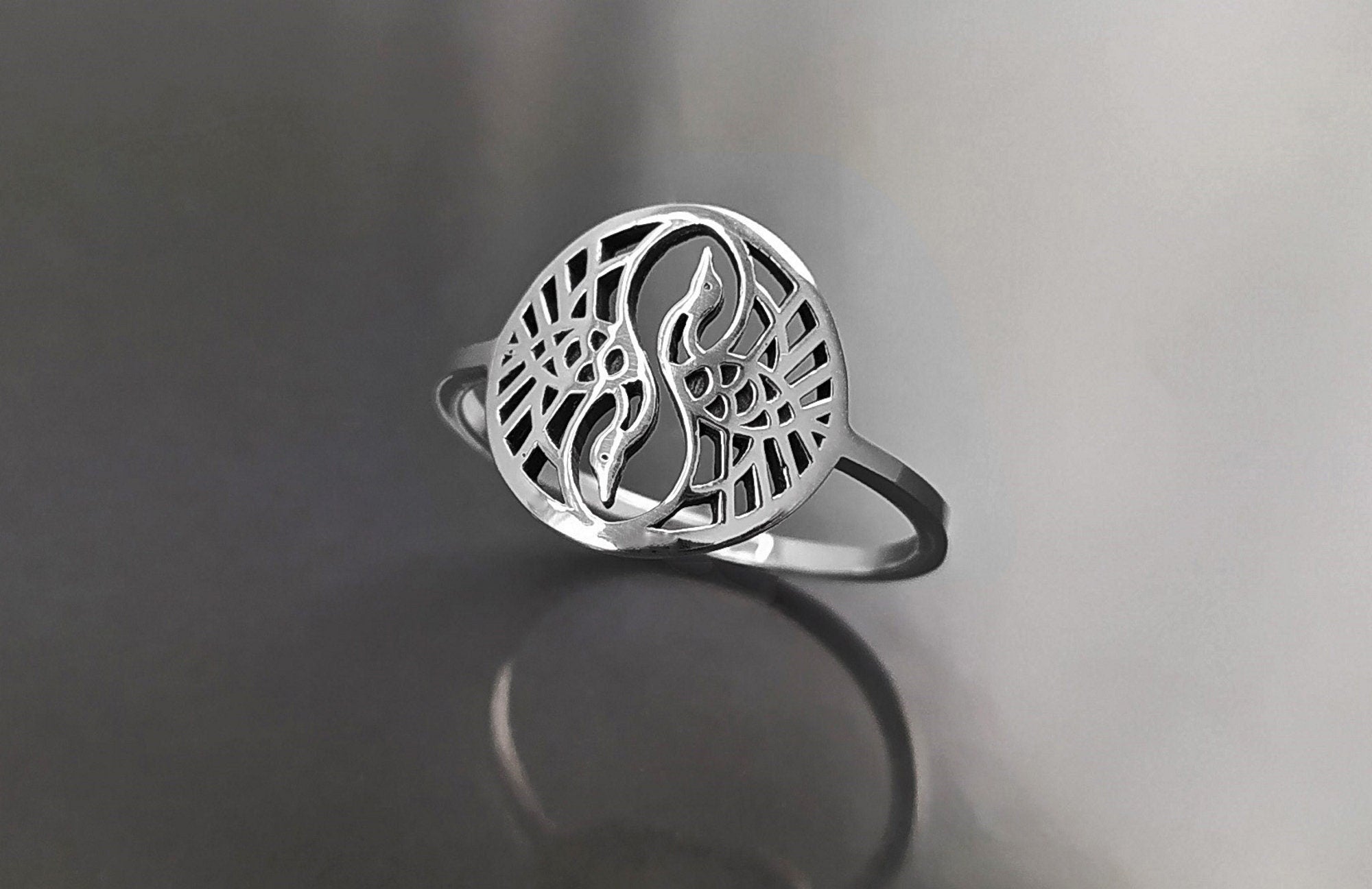 Crane Bird Ring, Sterling Silver, Spiritual Yin Yang Yoga Design, Oriental Zen Jewelry