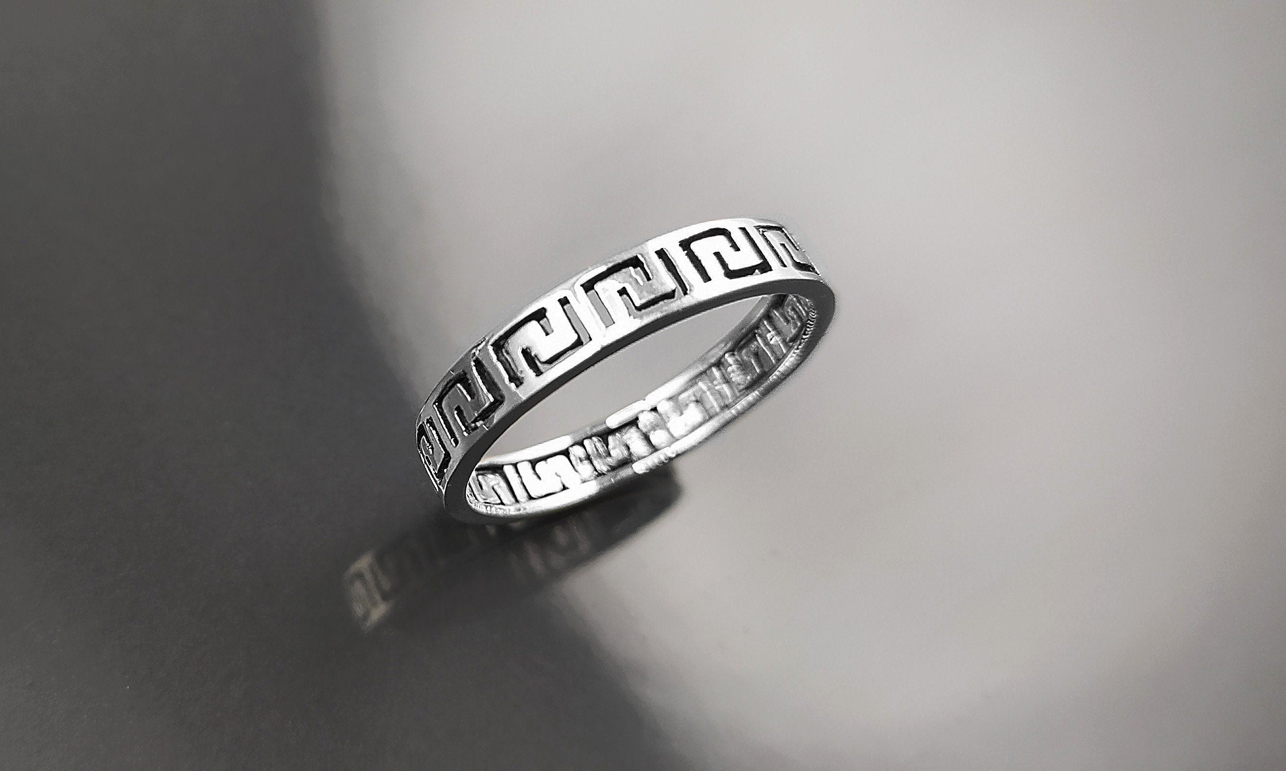 Greek Key Frieze Ring, Sterling Silver, Antique Spiral Meander Band, Eternity Long Life Jewelry