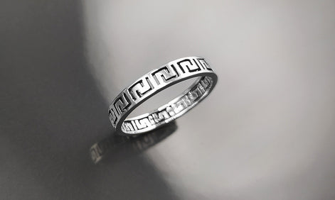 Greek Key Frieze Ring, Sterling Silver, Antique Spiral Meander Band, Eternity Long Life Jewelry