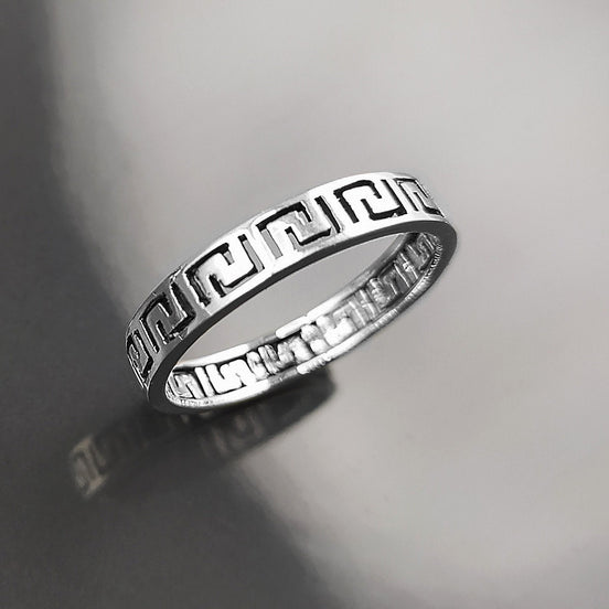 Greek Key Frieze Ring, Sterling Silver, Antique Spiral Meander Band, Eternity Long Life Jewelry