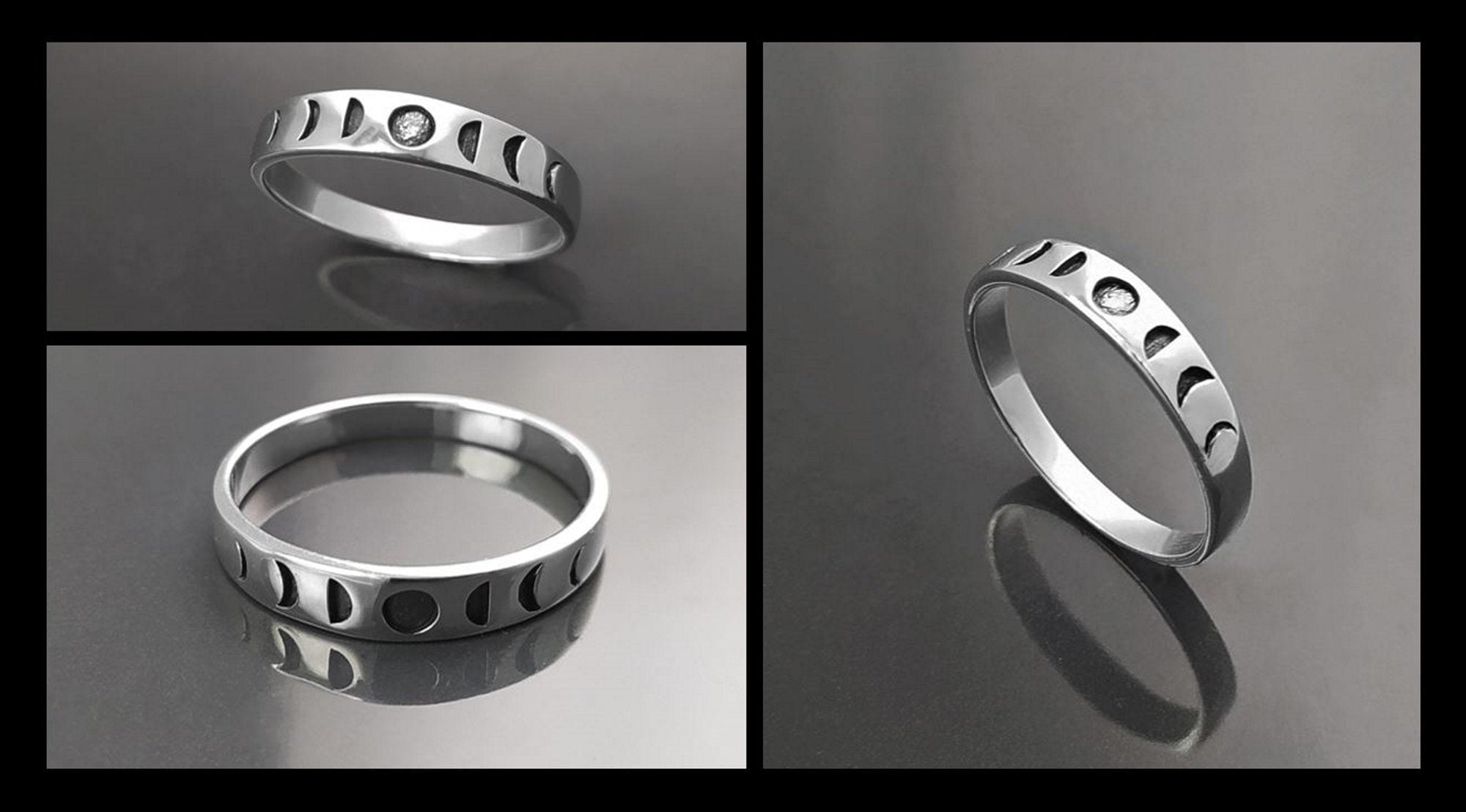 Une bague en argent avec un motif de phases lunaires. La bague présente une série de croissants de lune, chacun représentant une phase différente du cycle lunaire.
Un anneau fin et facile à porter, avec un design moderne.
Bague de haut et vu posé.
Durable, fait main, local. Créateurs sûrs. Boutique aux milliers d'avis.