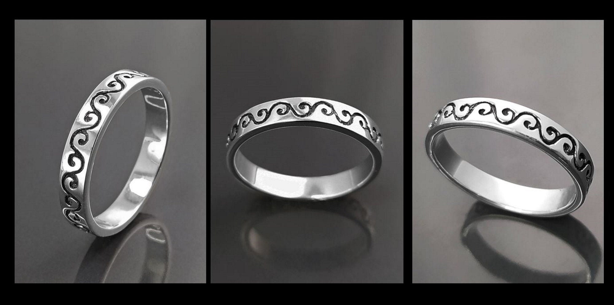 Sterling Silver Wave Ring, Carved Ocean Band, Tattoo Pattern Jewelry