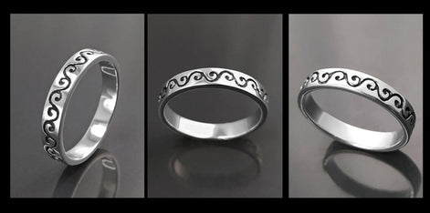 Sterling Silver Wave Ring, Carved Ocean Band, Tattoo Pattern Jewelry