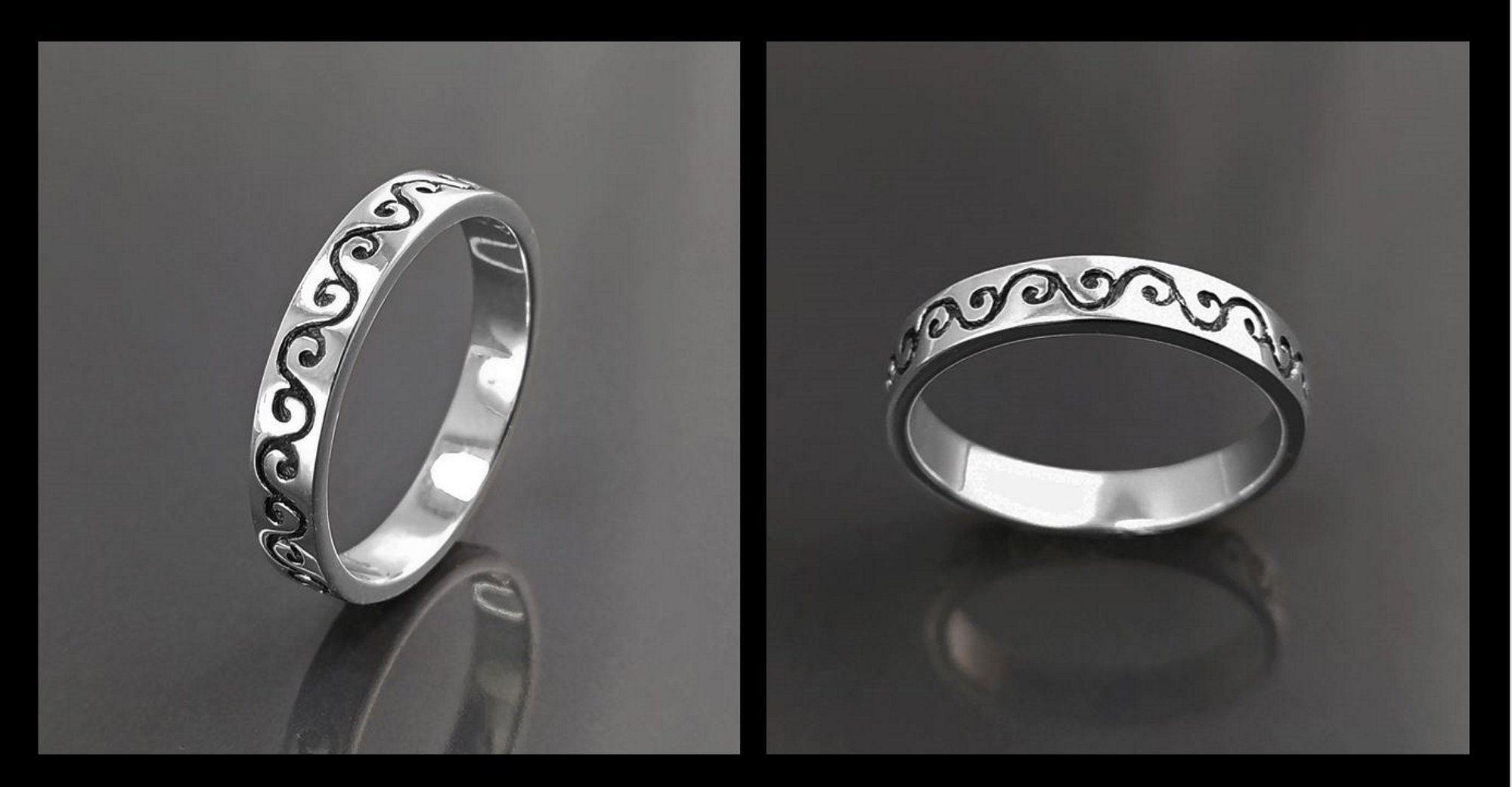 Une bague en argent avec un motif de vague décoratif. La bague est simple et élégante.
Bague Fine en Argent Massif 925 avec un motif régulier central. une frise de courbe qui va vers le haut et vers le bas.
vu de haut et de côté.
Bijou durable. Boutique aux milliers d'avis. Qualité créateur local.