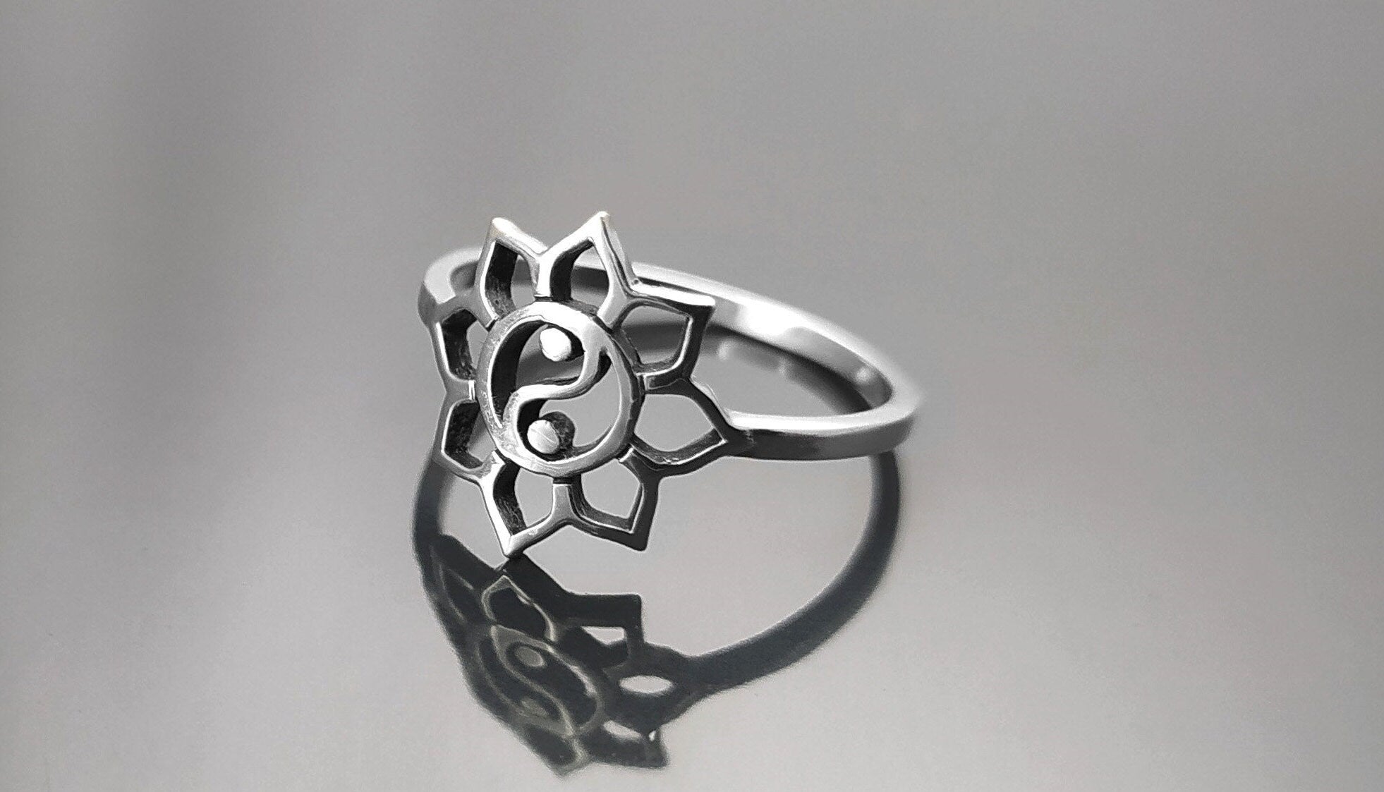 Lotus Yin Yang Ring, Sterling Silver, Spiritual Jewelry, Oriental Asian Zen Jewelry, Balance Yoga Ring, Mandala Spirit Ring