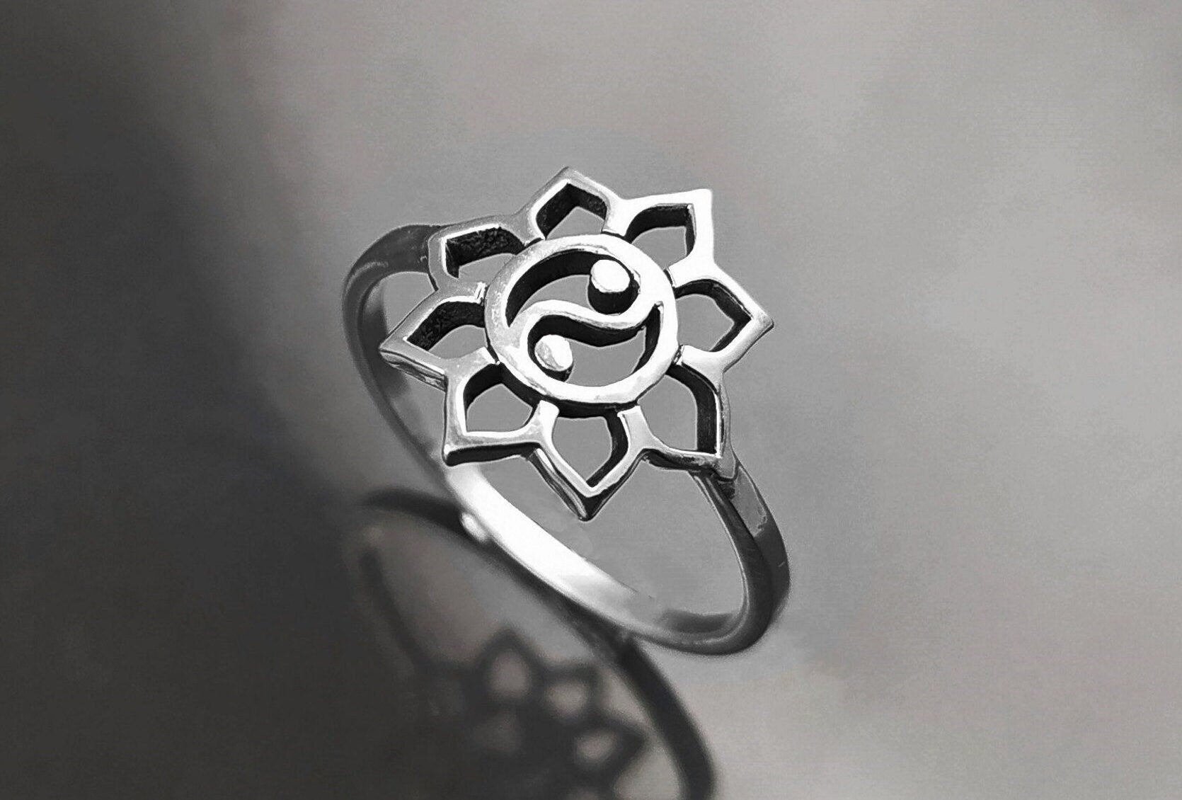 Lotus Yin Yang Ring, Sterling Silver, Spiritual Jewelry, Oriental Asian Zen Jewelry, Balance Yoga Ring, Mandala Spirit Ring