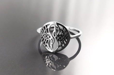 Crane Bird Ring, Sterling Silver, Spiritual Yin Yang Yoga Design, Oriental Zen Jewelry