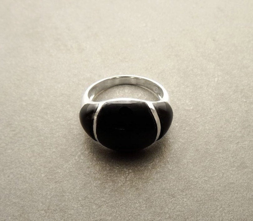 Onyx Band Ring - Sterling Silver Dome Black Onyx Gemstone Ring - Modern Domed Stone Jewelry