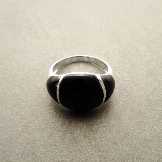 Onyx Band Ring - Sterling Silver Dome Black Onyx Gemstone Ring - Modern Domed Stone Jewelry