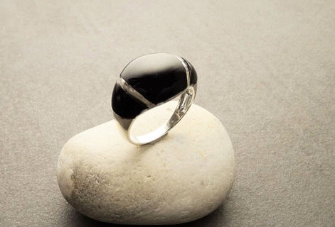 Onyx Band Ring - Sterling Silver Dome Black Onyx Gemstone Ring - Modern Domed Stone Jewelry