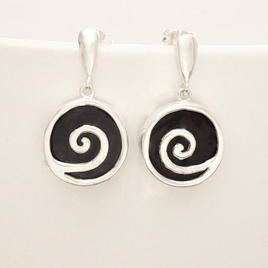 Black round earrings - Sterling Silver 925, Black Onyx Stone Dangle Earrings, Spiral Design Earrings, Modern Swirl Design Jewelry