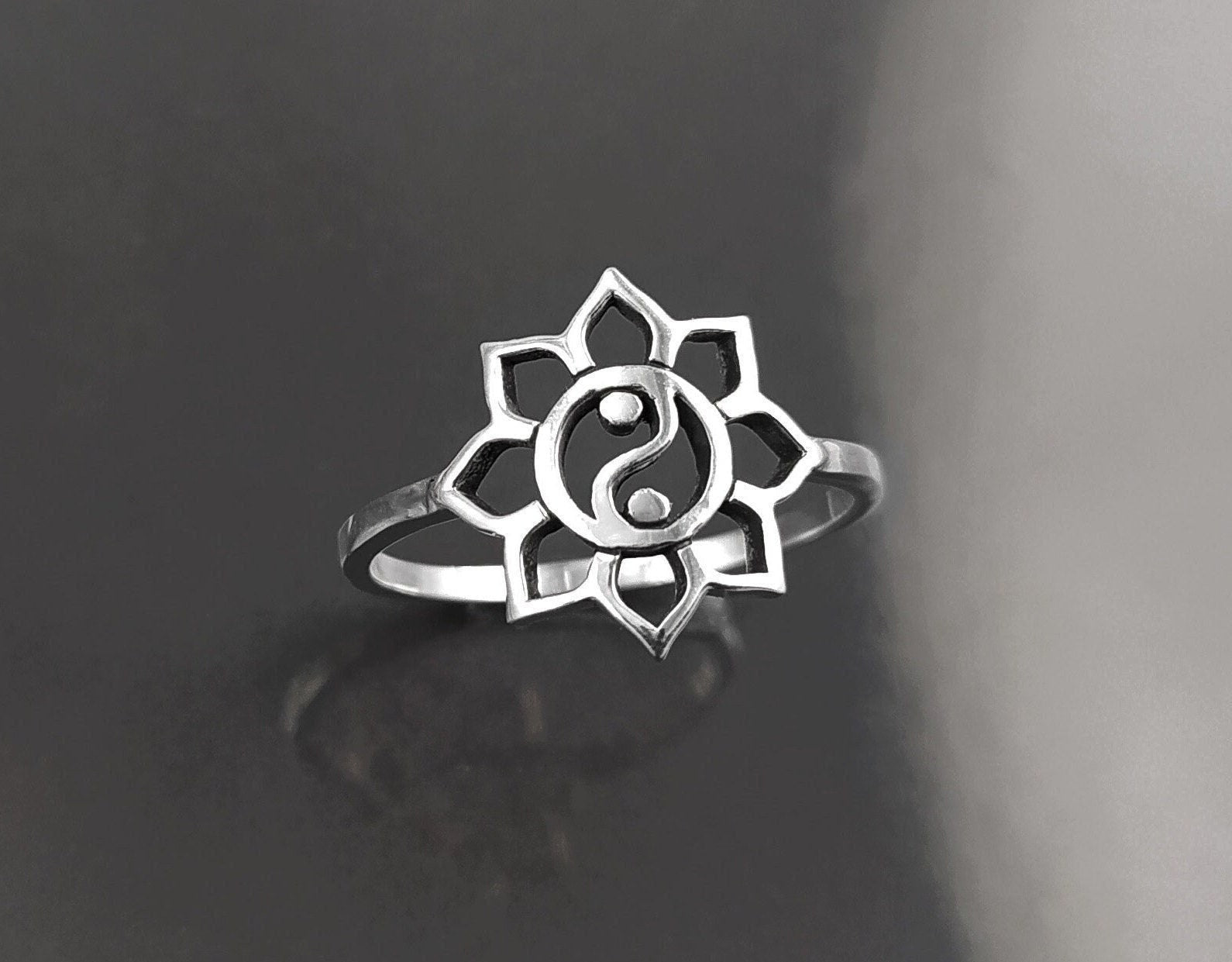 Lotus Yin Yang Ring, Sterling Silver, Spiritual Jewelry, Oriental Asian Zen Jewelry, Balance Yoga Ring, Mandala Spirit Ring