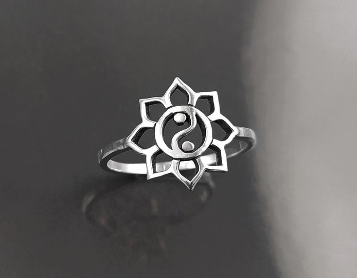 Lotus Yin Yang Ring, Sterling Silver, Spiritual Jewelry, Oriental Asian Zen Jewelry, Balance Yoga Ring, Mandala Spirit Ring