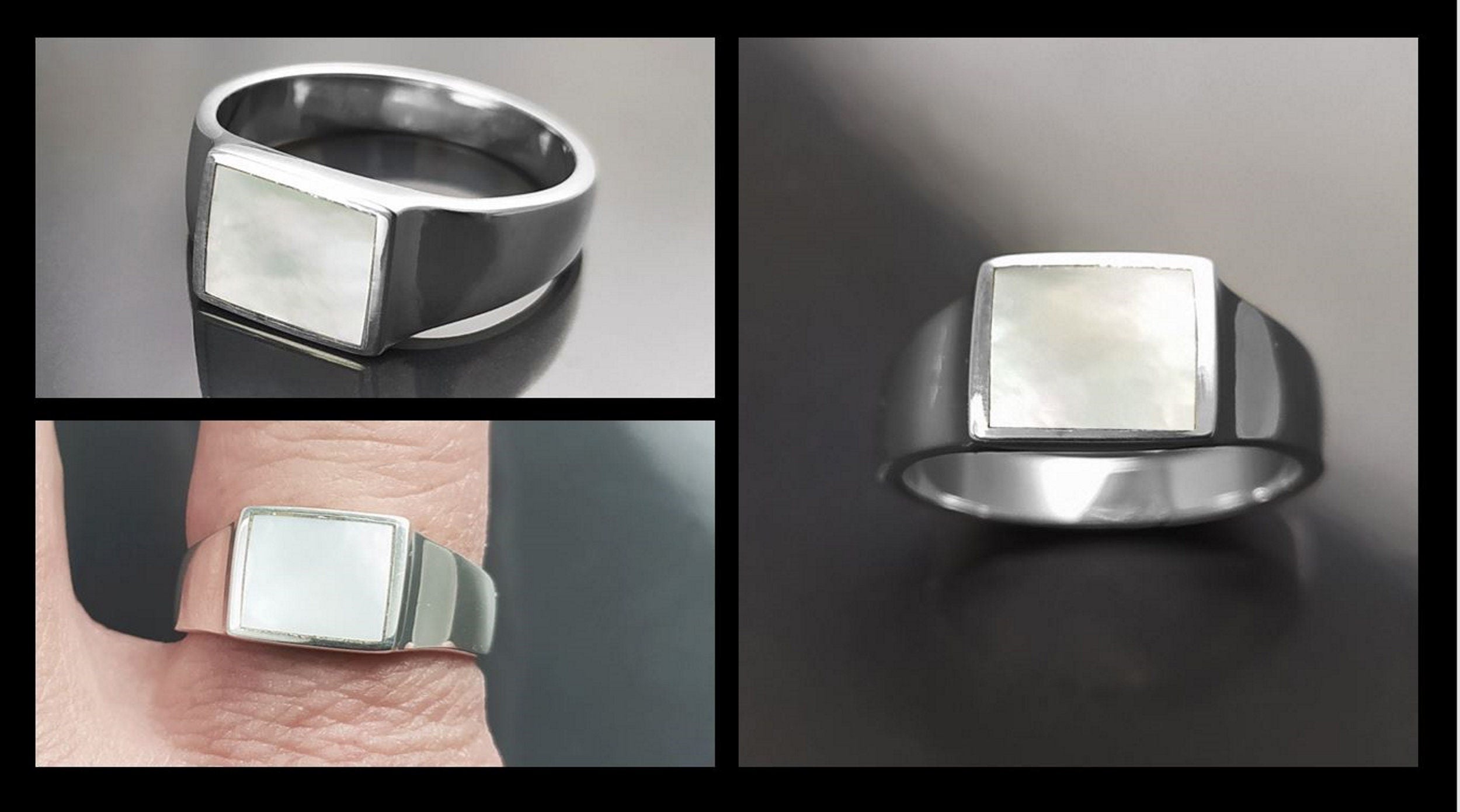 Sterling Silver Mother of Pearl Signet Ring, Unisex Square Stone
