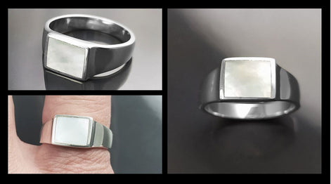 Sterling Silver Mother of Pearl Signet Ring, Unisex Square Stone