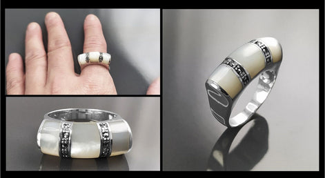Art Deco Ring, Sterling Silver, White Mother of Pearl Shell, Marcasite Stones Jewelry, Hipster Ring, Vintage Style Ring