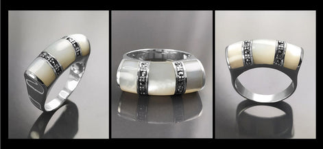 Art Deco Ring, Sterling Silver, White Mother of Pearl Shell, Marcasite Stones Jewelry, Hipster Ring, Vintage Style Ring