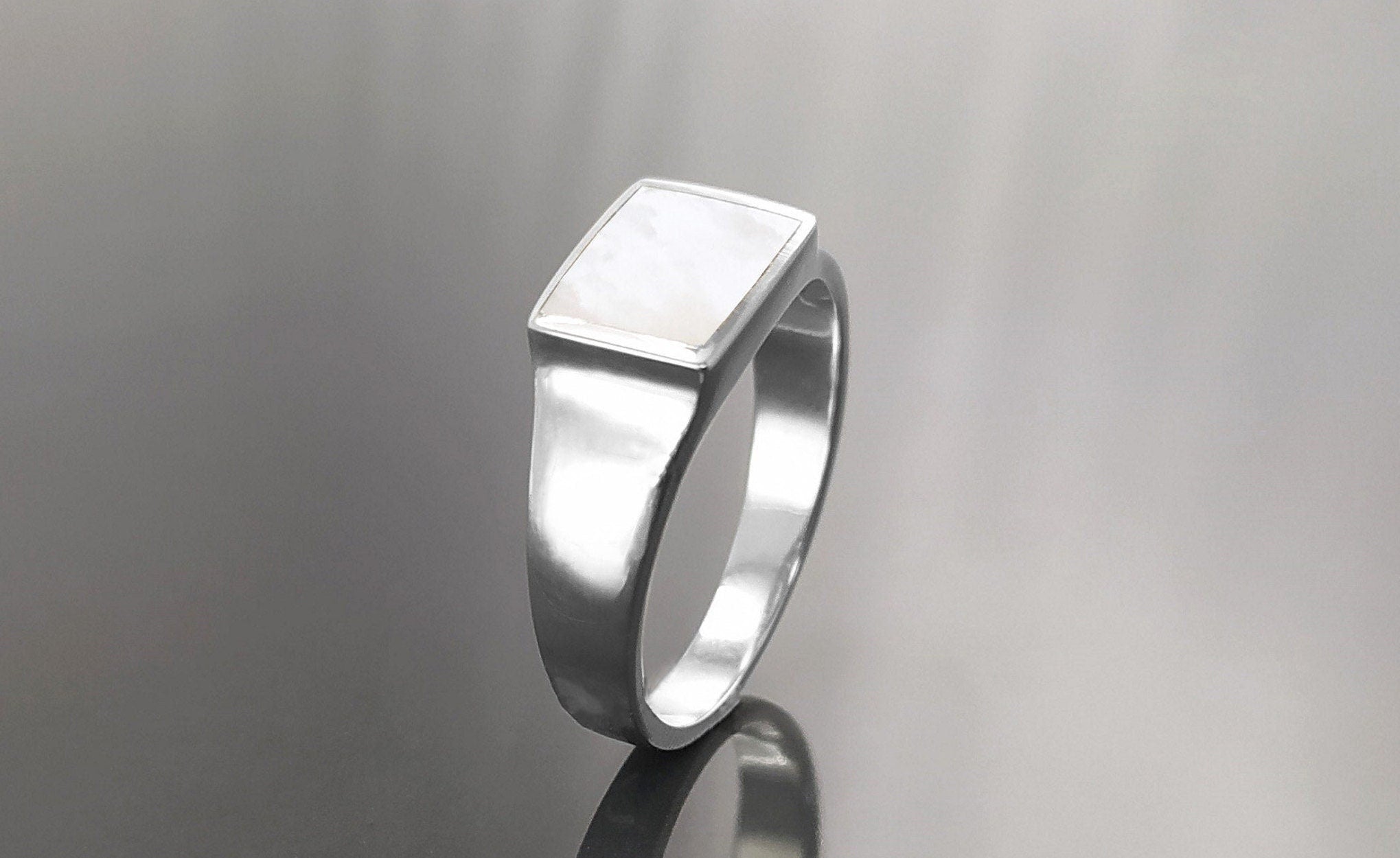Sterling Silver Mother of Pearl Signet Ring, Unisex Square Stone
