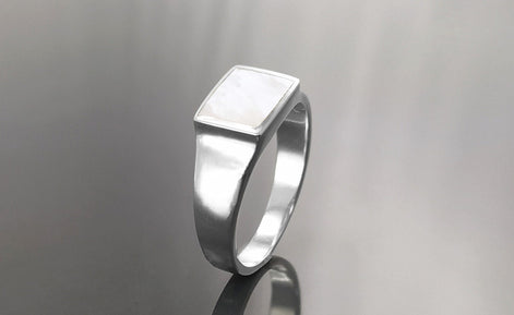 Sterling Silver Mother of Pearl Signet Ring, Unisex Square Stone