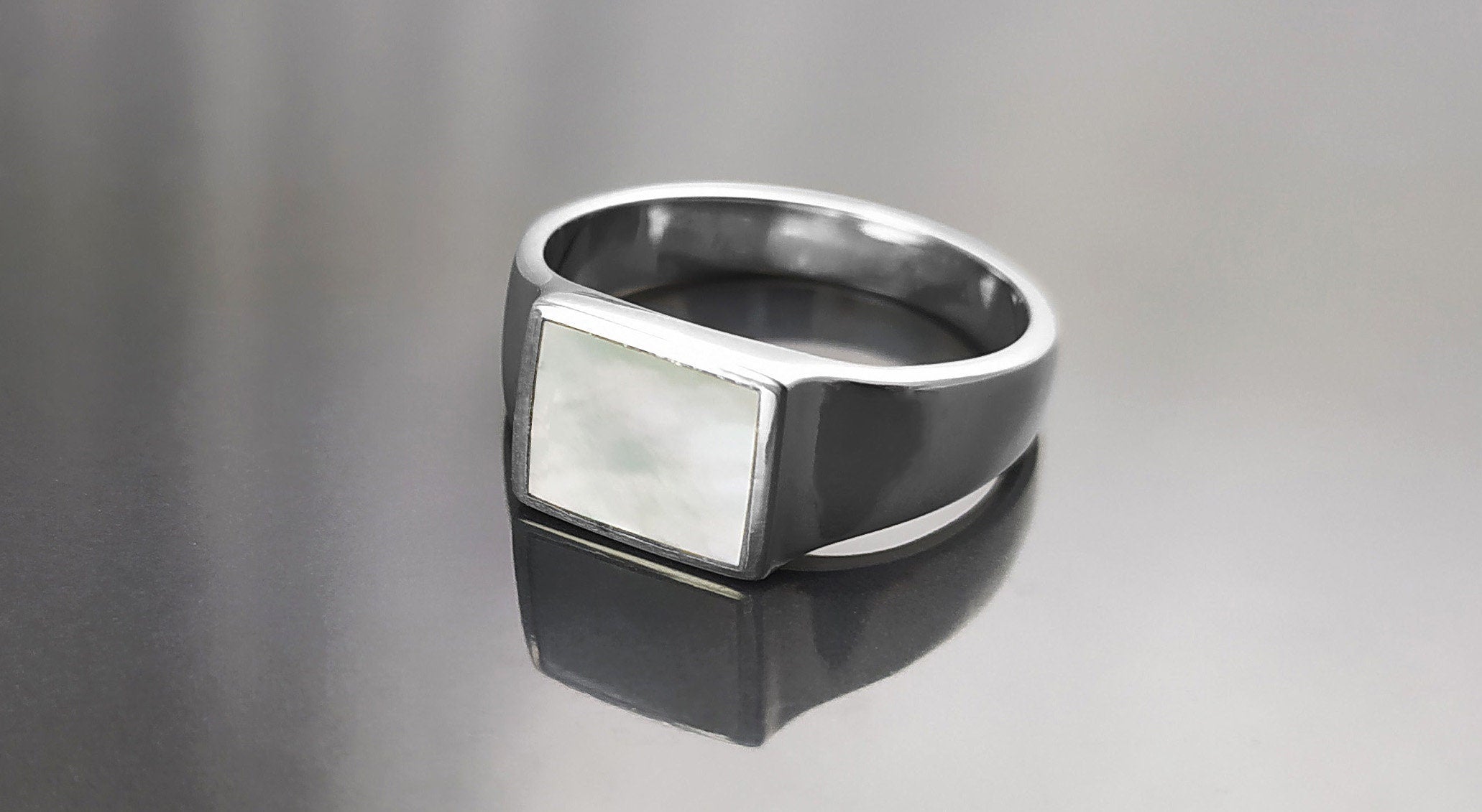 Sterling Silver Mother of Pearl Signet Ring, Unisex Square Stone