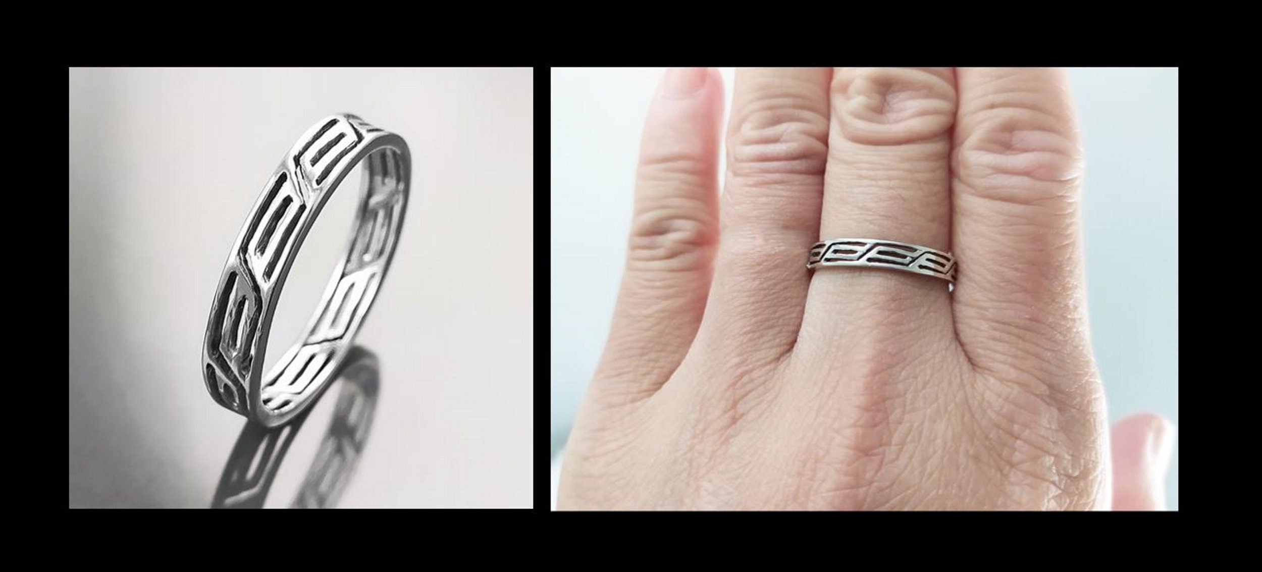 Openwork Band Ring, Sterling Silver, Unisex Modern Ring, Open Lace, Contemporary Greek Key Frieze, Women Men gift
