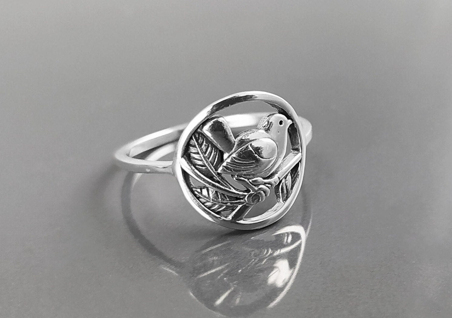 Bird Ring Sterling Silver, Small Silver Ring, Nightingale Bird Ring, Handmade Nature Jewelry
