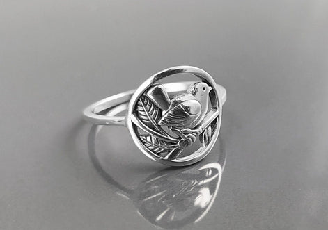 Bird Ring Sterling Silver, Small Silver Ring, Nightingale Bird Ring, Handmade Nature Jewelry