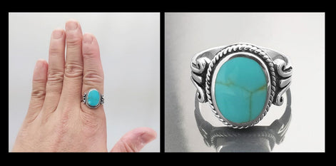 Turquoise Ring, Sterling Silver, Blue Green Turquoise stone, Unisex Jewelry, Flat Oval Stone Ring, Intricate Hipster Antique Rope Shank Ring