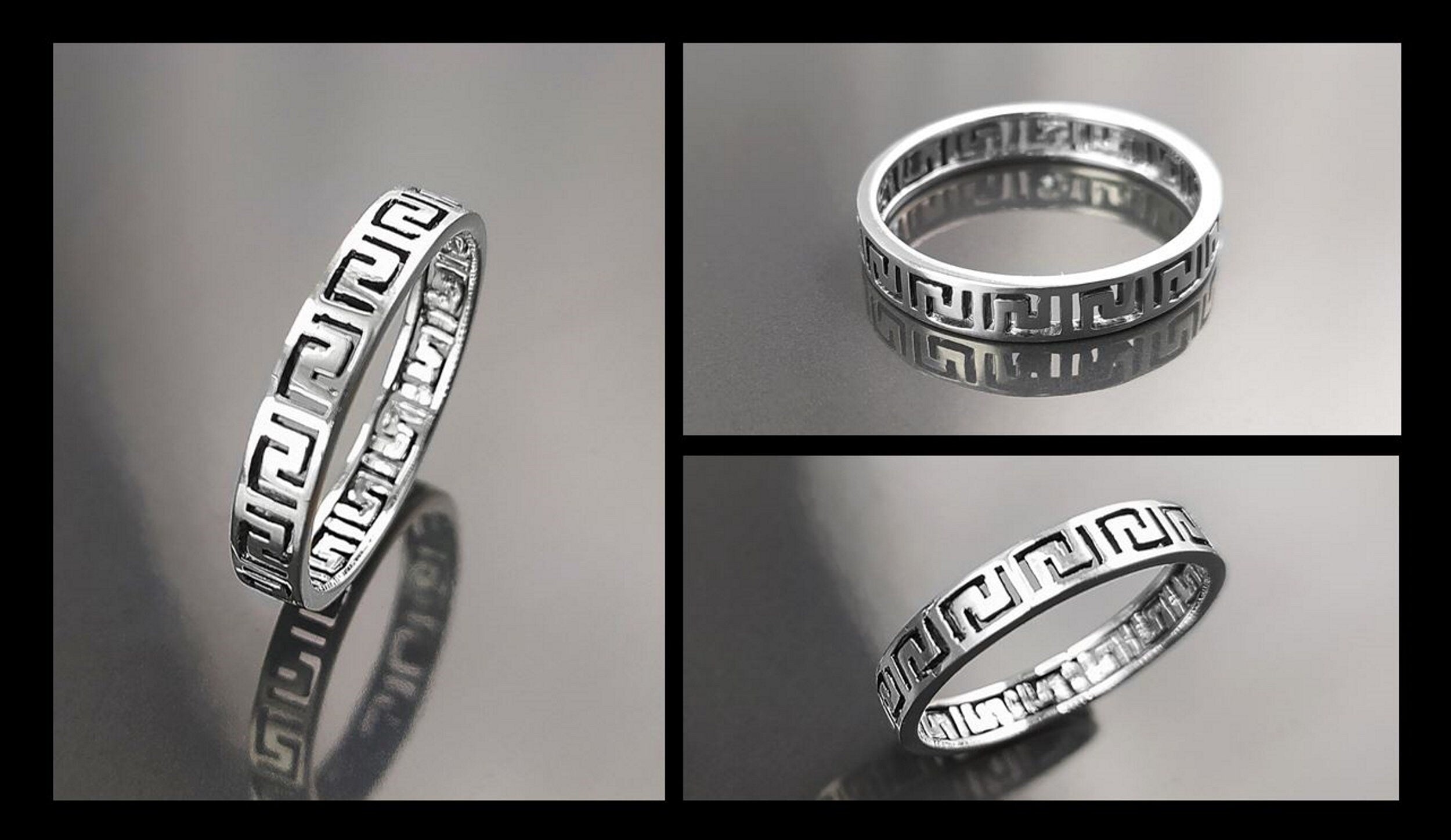 Greek Key Frieze Ring, Sterling Silver, Antique Spiral Meander Band, Eternity Long Life Jewelry