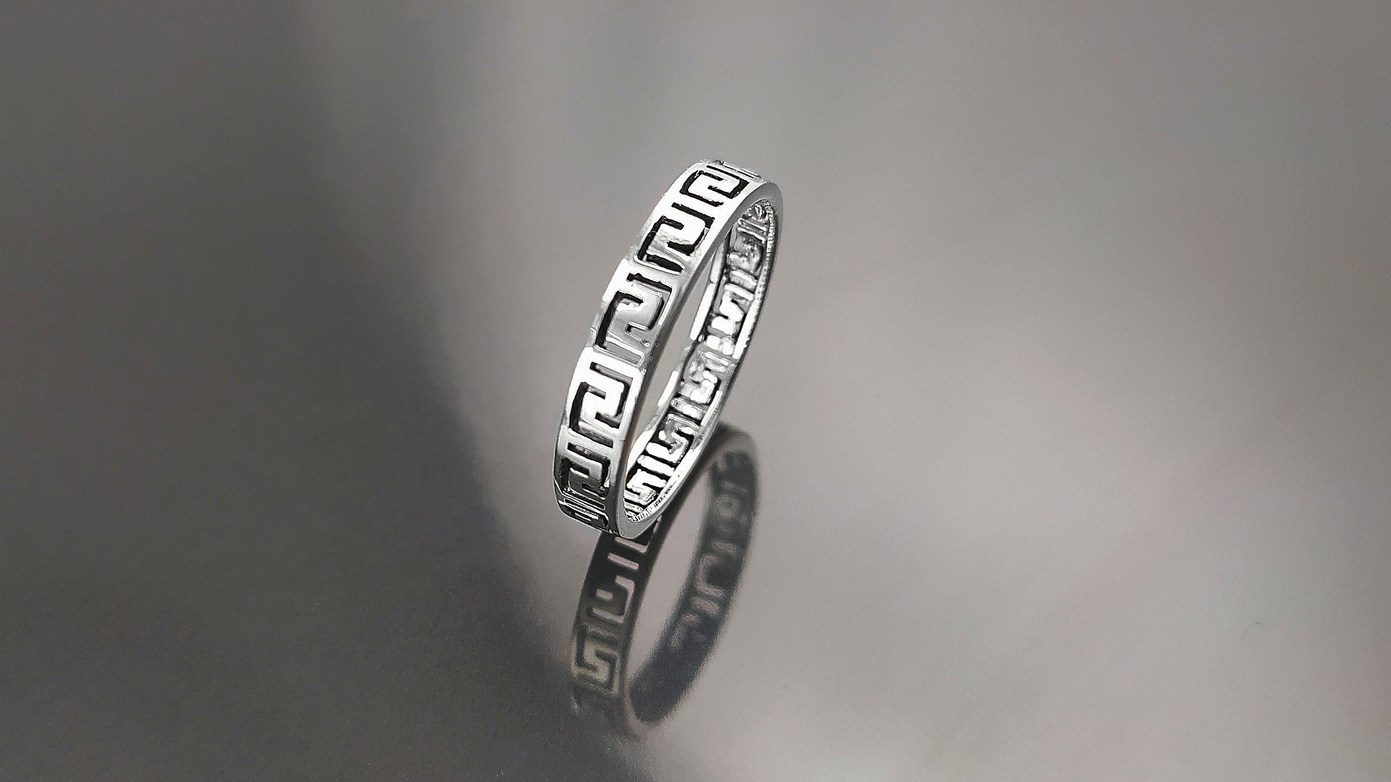 Greek Key Frieze Ring, Sterling Silver, Antique Spiral Meander Band, Eternity Long Life Jewelry