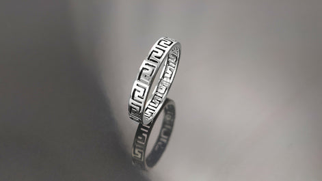Greek Key Frieze Ring, Sterling Silver, Antique Spiral Meander Band, Eternity Long Life Jewelry