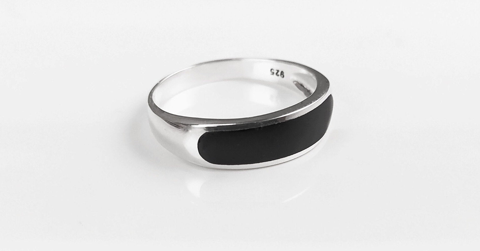Sterling Silver Signet Ring, Black Onyx Flat Stone Band