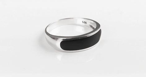 Sterling Silver Signet Ring, Black Onyx Flat Stone Band