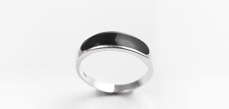 Sterling Silver Signet Ring, Black Onyx Flat Stone Band