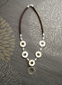 Discs Necklace, Sterling Silver, Round White Mother-of-Pearl Shell Disc, Brown Stingray Leather Jewelry, Unique Modern Round Circle Necklace