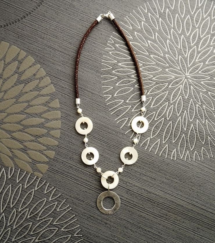 Discs Necklace, Sterling Silver, Round White Mother-of-Pearl Shell Disc, Brown Stingray Leather Jewelry, Unique Modern Round Circle Necklace
