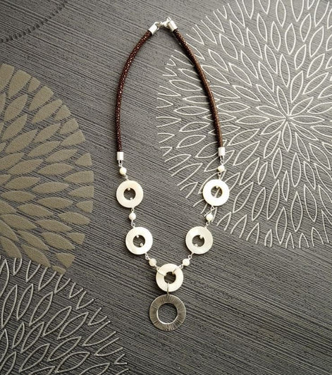 Discs Necklace, Sterling Silver, Round White Mother-of-Pearl Shell Disc, Brown Stingray Leather Jewelry, Unique Modern Round Circle Necklace