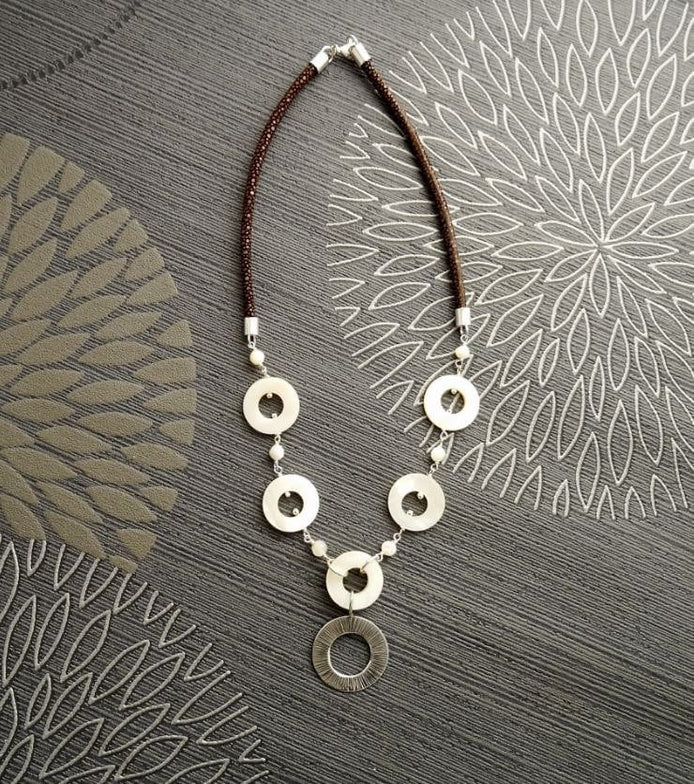 Discs Necklace, Sterling Silver, Round White Mother-of-Pearl Shell Disc, Brown Stingray Leather Jewelry, Unique Modern Round Circle Necklace