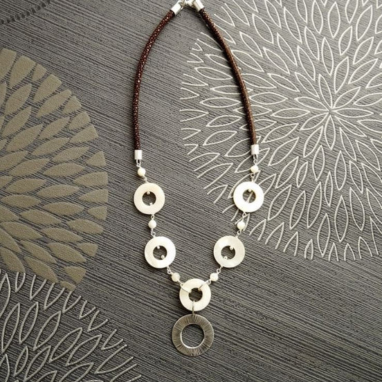 Discs Necklace, Sterling Silver, Round White Mother-of-Pearl Shell Disc, Brown Stingray Leather Jewelry, Unique Modern Round Circle Necklace