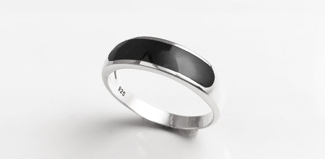 Sterling Silver Signet Ring, Black Onyx Flat Stone Band
