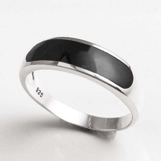 Sterling Silver Signet Ring, Black Onyx Flat Stone Band