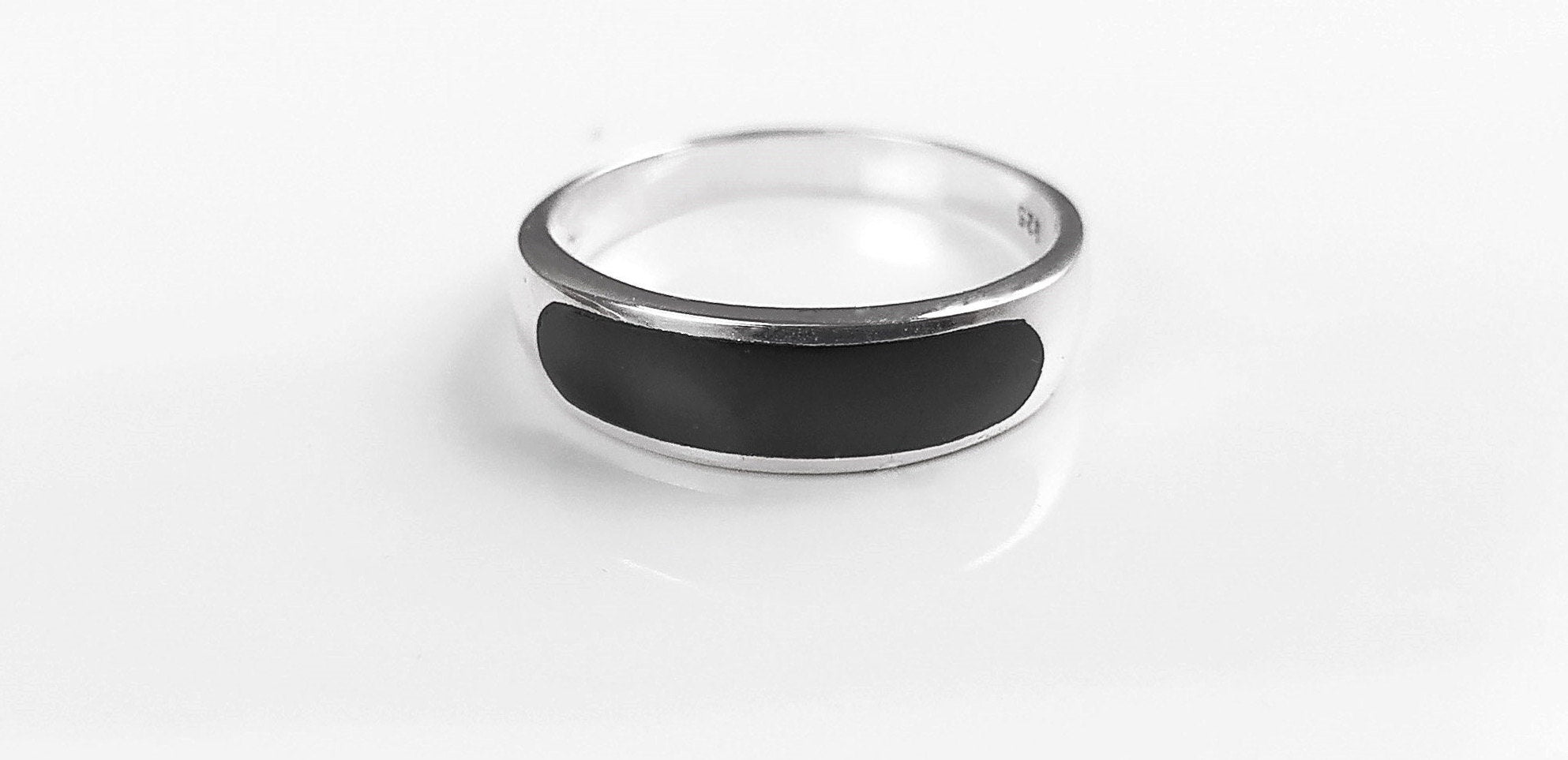 Sterling Silver Signet Ring, Black Onyx Flat Stone Band