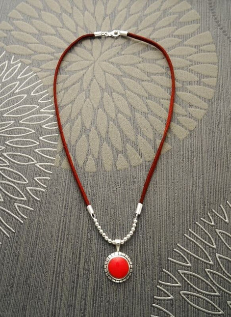 Women's Leather Necklace 925 Silver Bohemian Choker Red Stone Pendant Handmade Jewelry
